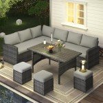 U-MAX Patio Furniture Set with Cover, 7 PCS Outdoor Sectional Conversation Set, All Weather Wicker Rattan Sofa Couch with High Dining Table & Ottoman, Grey