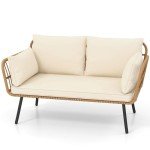 DWVO Wicker Patio Loveseat, All-Weather Rattan 2-Seat Sofa with Cushions & Lumbar Pillows, Outdoor Patio Furniture Set for Patio, Balcony, Backyard, Deck, Poolside (Beige)