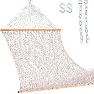 Lazy Daze Hammocks 12FT Double Rope Hammocks, 2 Person Hand Woven Cotton Hammock with Spreader Bar for Outdoor, Indoor, Patio, Poolside, FIT 13-15 Foot Stand, Max 450 Lbs, Natural, 141 x 57 inches