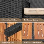 Devoko Dining 7 PCS Furniture, Patio Conversation Set with Acacia Wood Table Top, Rattan Outdoor, Black