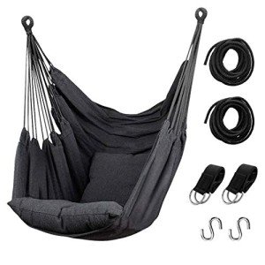 Hommtina Hammock Chair Hanging Rope Swing, Max 300 Lbs Hanging Chair with Pocket & Durability Perfect for Outdoor, Home, Bedroom, Patio, Yard (Pillows NOT Included,Dark Gray)
