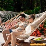 Lazy Daze Hammocks 12FT Double Rope Hammocks, 2 Person Hand Woven Cotton Hammock with Spreader Bar for Outdoor, Indoor, Patio, Poolside, FIT 13-15 Foot Stand, Max 450 Lbs, Natural, 141 x 57 inches