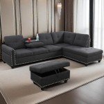 GlasFlength L Shaped Sectional Sofa with Ottoman, Nail-Head Design Linen Right Facing Modern Couches with Cup Holder for Living Room, Bedroom, Office, Dark Grey