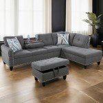 GlasFlength L Shaped Sectional Sofa with Ottoman, Nail-Head Design Linen Right Facing Modern Couches with Cup Holder for Living Room, Bedroom, Office