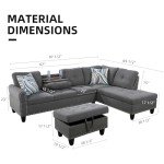 GlasFlength L Shaped Sectional Sofa with Ottoman, Nail-Head Design Linen Right Facing Modern Couches with Cup Holder for Living Room, Bedroom, Office