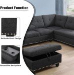 GlasFlength L Shaped Sectional Sofa with Ottoman, Nail-Head Design Linen Right Facing Modern Couches with Cup Holder for Living Room, Bedroom, Office, Dark Grey