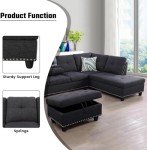 GlasFlength L Shaped Sectional Sofa with Ottoman, Nail-Head Design Linen Right Facing Modern Couches with Cup Holder for Living Room, Bedroom, Office, Dark Grey