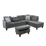 GlasFlength L Shaped Sectional Sofa with Ottoman, Nail-Head Design Linen Right Facing Modern Couches with Cup Holder for Living Room, Bedroom, Office