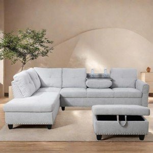 ChicFurnit L Shaped Sectional Couches, Modular Sectional Sofa with Ottoman Storage, Nail-Head Design Lounge Sofa with Reversible Cup Holder for Living Room, Bedroom, Gray