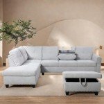ChicFurnit L Shaped Sectional Couches, Modular Sectional Sofa with Ottoman Storage, Nail-Head Design Lounge Sofa with Reversible Cup Holder for Living Room, Bedroom, Gray