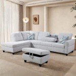 ChicFurnit L Shaped Sectional Couches, Modular Sectional Sofa with Ottoman Storage, Nail-Head Design Lounge Sofa with Reversible Cup Holder for Living Room, Bedroom, Gray