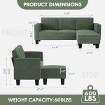 YESHOMY L-Shaped Convertible Sectional Sofa 3 Seater with Corduroy Fabric, Complete with Mobile Footrest, for Living Room, Apartment and Office, 70", Green