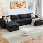 Sweetcrispy Convertible Modular Sectional Sofa, 6 Seat Sectional Couches for Living Room, U-Shaped Modern Fabric Modular Sofa Sleeper with Double Chaise for Home, Apartment, Dorm, Deep Grey