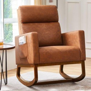 Yaheetech Leather Glider Chair, Modern Rocking Chair, Nursery Faux Leather Glider Chair with Rubber Wood Legs and Side Pocket, Rocking Accent Armchair for Living Room, Bedroom, Brown