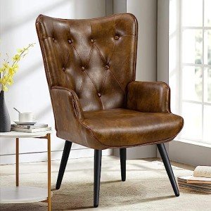 Furniliving PU Leather Accent Chair for Living Room, Upholstered Reading Chair with High Backrest, Tufted-Button Wingback Armchair for Bedroom, Dressing Room, Home Office, Brown