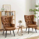 Furnimart Accent Chairs Set of 2, Brown PU Leather Reading Armchair with High Backrest, Wingback Corner Chair Mid Century Modern for Living Room, Bedroom, Waiting Room