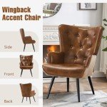 Furniliving PU Leather Accent Chair for Living Room, Upholstered Reading Chair with High Backrest, Tufted-Button Wingback Armchair for Bedroom, Dressing Room, Home Office, Brown