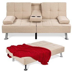 Best Choice Products Linen Modern Folding Futon, Reclining Sofa Bed for Apartment, Dorm w/Removable Armrests, 2 Cupholders - Beige