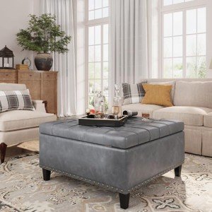 FiveWillowise Tufted Square Ottoman Coffee Table with Storage, Leather Upholstered Cube Storage Ottoman, Oversized Footrest Stool Toy Box Storage for Livingroom Bedroom, Grey