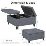 FiveWillowise Tufted Square Ottoman Coffee Table with Storage, Leather Upholstered Cube Storage Ottoman, Oversized Footrest Stool Toy Box Storage for Livingroom Bedroom, Grey