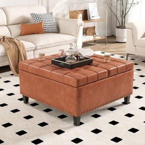 Large Square Ottoman with Storage, 40 Gallons, Oversized Upholstered Faux Leather Ottoman, Leather Lift Top Large Ottoman, Tufted Storage Ottoman Coffee Table for Living Room, Brown