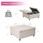 Redlife 35 Inch Large Square Storage Ottoman Bench, Storage Ottoman Coffee Table Large Square Ottoman with Storage Lift Top Tufted Storage Ottoman for Living Room (Beige)
