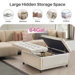 Redlife 35 Inch Large Square Storage Ottoman Bench, Storage Ottoman Coffee Table Large Square Ottoman with Storage Lift Top Tufted Storage Ottoman for Living Room (Beige)