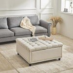 Redlife 35 Inch Large Square Storage Ottoman Bench, Storage Ottoman Coffee Table Large Square Ottoman with Storage Lift Top Tufted Storage Ottoman for Living Room (Beige)