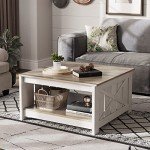 YITAHOME Coffee Table Farmhouse Coffee Table with Storage Rustic Wood Cocktail Table, Square Coffee Tables for Living Meeting Room with Half Open Storage Compartment, Grey Wash