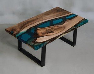 Live Edge Coffee Table, Walnut Wood with Blue Epoxy Resin River, Black Metal Base (32" X 20" in)