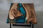 Live Edge Coffee Table, Walnut Wood with Blue Epoxy Resin River, Black Metal Base (32" X 20" in)