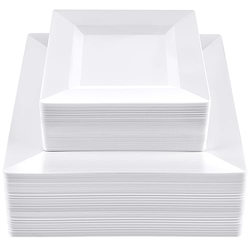 100-Piece White Square Disposable Plastic Party Plate Combo