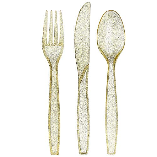 Gold Glitter Plastic Cutlery Set - 180 Pieces
