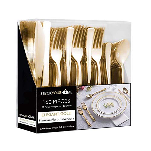 Gold Plastic Silverware Set - 160 Disposable Utensils