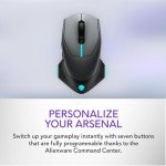 Alienware Wired/Wireless Gaming Mouse AW610M: 16000 DPI Optical Sensor - 350 Hour Rechargeable Battery, 7 Buttons, 3-ZONE 16.8m AlienFX RGB Lighting, Edge-Free Design, Ergonomic, Dark Side of the Moon
