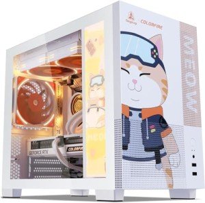 Segotep Memphis-S Meow Edition, M-ATX Mini Tower PC Case with Tempered Glass Panels, Support 40 Series GPU, USB 3.0, and 240MM Radiator, Lightning Panel Included - White (Memphis-S Meow Edition)