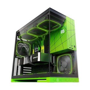Geometric Future M5 Tempered Glass Mid Tower, E-ATX/ATX Gaming Case, 1.2mm Steel, Type C, Toolless Panels, Support 420/360 Radiator, ARGB PWM 140m Fan x 5 Pre-Installed, Black/Green, GEO-M5F-BNY