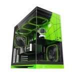 Geometric Future M5 Tempered Glass Mid Tower, E-ATX/ATX Gaming Case, 1.2mm Steel, Type C, Toolless Panels, Support 420/360 Radiator, ARGB PWM 140m Fan x 5 Pre-Installed, Black/Green, GEO-M5F-BNY