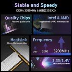 KingBank Computer Desktop Memory Ram DDR4 64GB(2x32GB) 3200MHZ CL16 1.35V XMP2.0 Overclocking with Heatsink for PC Gaming/Office/PS,Silver
