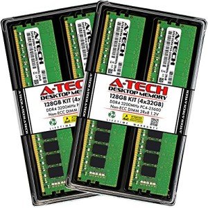 A-Tech 128GB (4x32GB) DDR4 3200 MHz UDIMM PC4-25600 (PC4-3200AA) CL22 DIMM 2Rx8 Non-ECC Desktop RAM Memory Modules