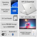 HP Latest 15" Laptop, Intel Celeron N4120 Quad-core Processor, 16GB RAM, 256GB SSD, 15.6" HD Micro Edge LED Display, Fast Charge, SD Card Reader, Windows 11 Pro, WOWPC Recovery USB