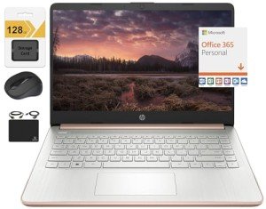 HP New 14" HD Ultra Light Thin Laptop, Quad-Core Intel Celeron Processor, 8GB RAM, 192GB (64GB eMMC+ 128GB Card), Wi-Fi, Upto 11 Hours, Windows 11 S + 1 Year Office 365+HubxcelAccessory, Rose Gold