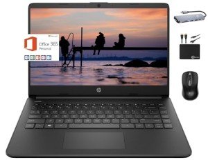 HP 2024 Premium 14" Micro-Edge Portable Laptop Student Business, Intel Quad-Core N4120, 8GB RAM, 256GB (128GB eMMC+ 128GB Card), Webcam, WiFi, Windows 11S + 1 Year Office 365, MarxsolAccessory Black