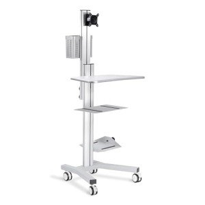 AW Adjustable Rolling Computer Cart Mobile PC Standing Workstation with Monitor Mount Keyboard Tray Portable TV Stand Printer CPU Holder Wheels for Meetings Shop Home Office Silver