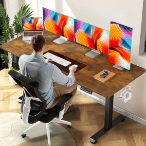 Veken 63 Inch Electric Standing Desk, Height Adjustable Sit Stand Up, Wood Desktop, Work Home Office Computer PC Table, Tall Standup Workstation, Gaming Writing Study Bedroom Rising Desks, Brown