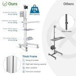 AW Adjustable Rolling Computer Cart Mobile PC Standing Workstation with Monitor Mount Keyboard Tray Portable TV Stand Printer CPU Holder Wheels for Meetings Shop Home Office Silver