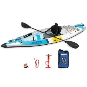 Sea Eagle EZLITE 10 Ultralight, All Woven, Drop Stitch, Rigid, High Performance, Easy Setup, 10' Solo Inflatable Kayak-Backpack, Seat, Carbon Paddle & Adjustable Footrests (EZLITE10 Pro Carbon Kayak)
