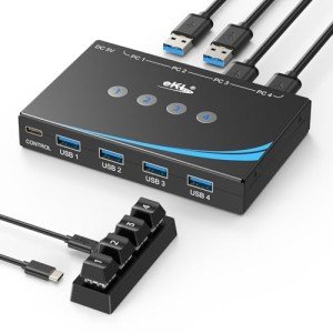 eKL USB 3.0 Switch 4 Computers Sharing USB Peripherals, 4 Port USB Switcher Sharing Mouse Keyboard Scanner Printer, with 3.5mm Headset Jack Audio Out, Includes 4 USB 3.0 Cables and Remote