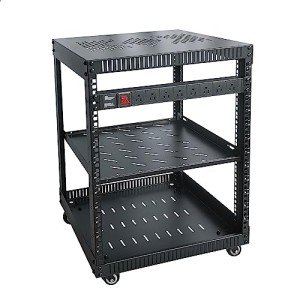 RIVECO 12U Network Rack with Reinforced Top Cover - 4 Post Floor Rack on Wheels for 19" Equipment & Stereo Gear- Including Rack Mount Power Strip & 1PCS 1U Rack Shelf