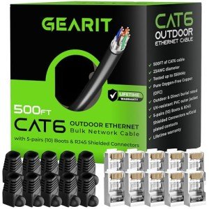 GEARit Cat6 Outdoor Ethernet Cable (Cat 6 DIY Kit - 500ft Bulk Cable | x10 RJ45 | x10 Boot) 23AWG OFC Pure Copper, FTP, LLDPE, Waterproof, Direct Burial, In-Ground, UV, POE, Network, LAN, Internet